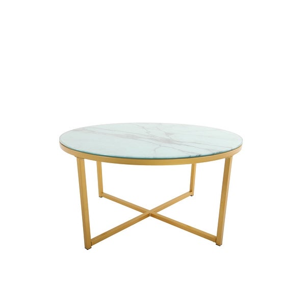 EPOWP Cross Legs Glass Coffee Table with Metal Base， Marble White Top and Golden