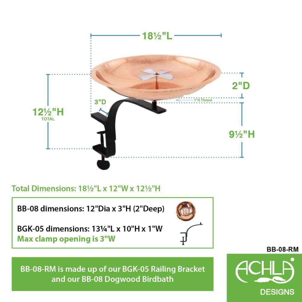 Achla Designs 12 in. W Copper Plated and Colored Patina Dogwood Garden Birdbath with Rail Mount Bracket BB-08-RM