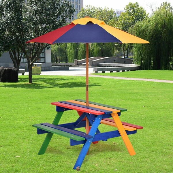 4Seat Outdoor Kids Picnic Table Bench Set with Removable Umbrella