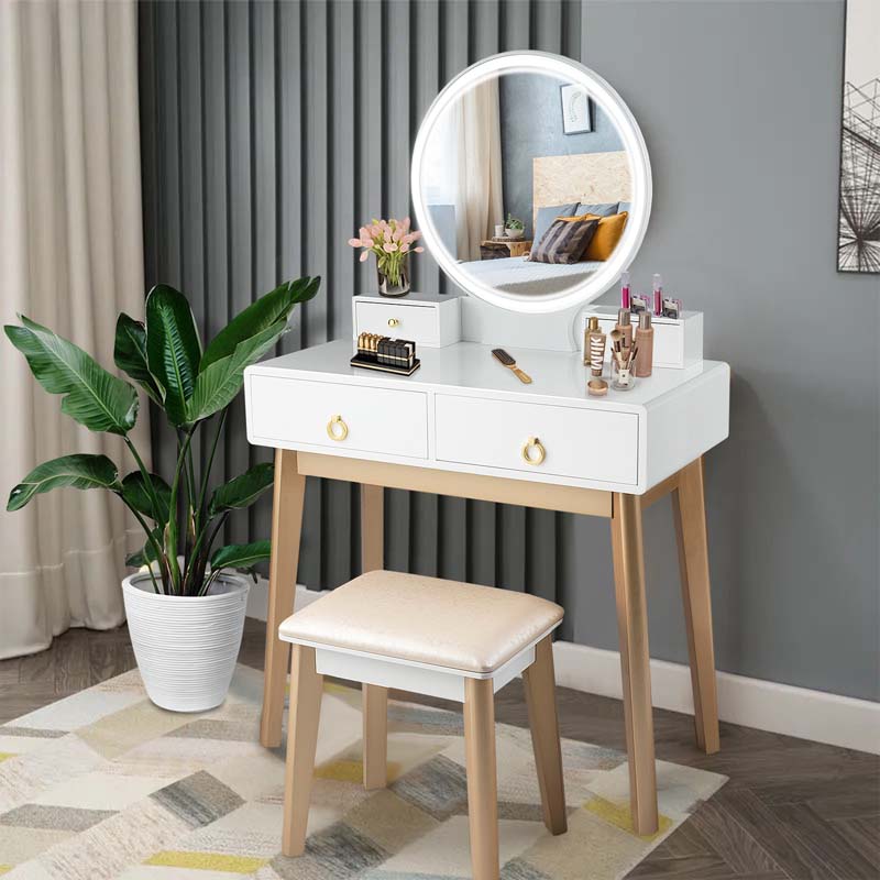 Modern Makeup Vanity Set with Touch Screen Dimming Mirror and 3 Color LED Lighting Modes, Jewelry Divider Dressing Table