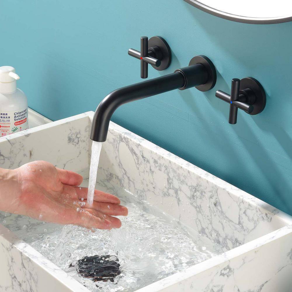 GIVING TREE Double-Handle Wall Mounted Faucet with HotCold Indicators Included Valve Supply Lines in Matte Black RMHDFAUC0048