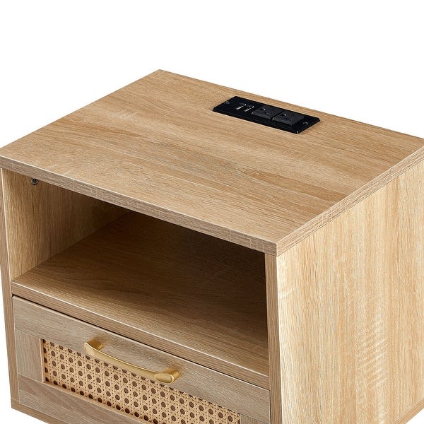 Rectangle MDF Rattan End Table Nightstand Side Table with Power Outlet and USB Ports - 15.75*11.81