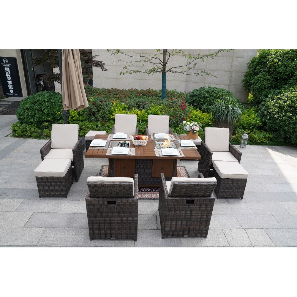 Brown Garden Patio Rectangular Dining Set With Gas Firepit And Ice Bucket and Ottomans