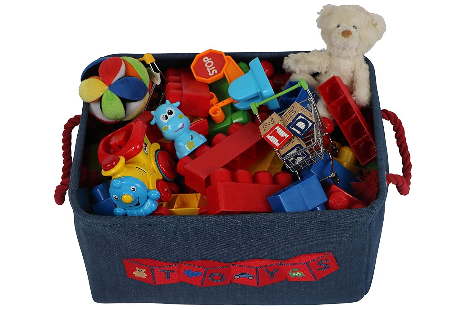 Toy Storage Basket Bin for Organizing Baby, Kids, Dog Toys, Children Books. Denim Canvas Box Organizer w/Attractive Red Patch for Playroom, Nursery