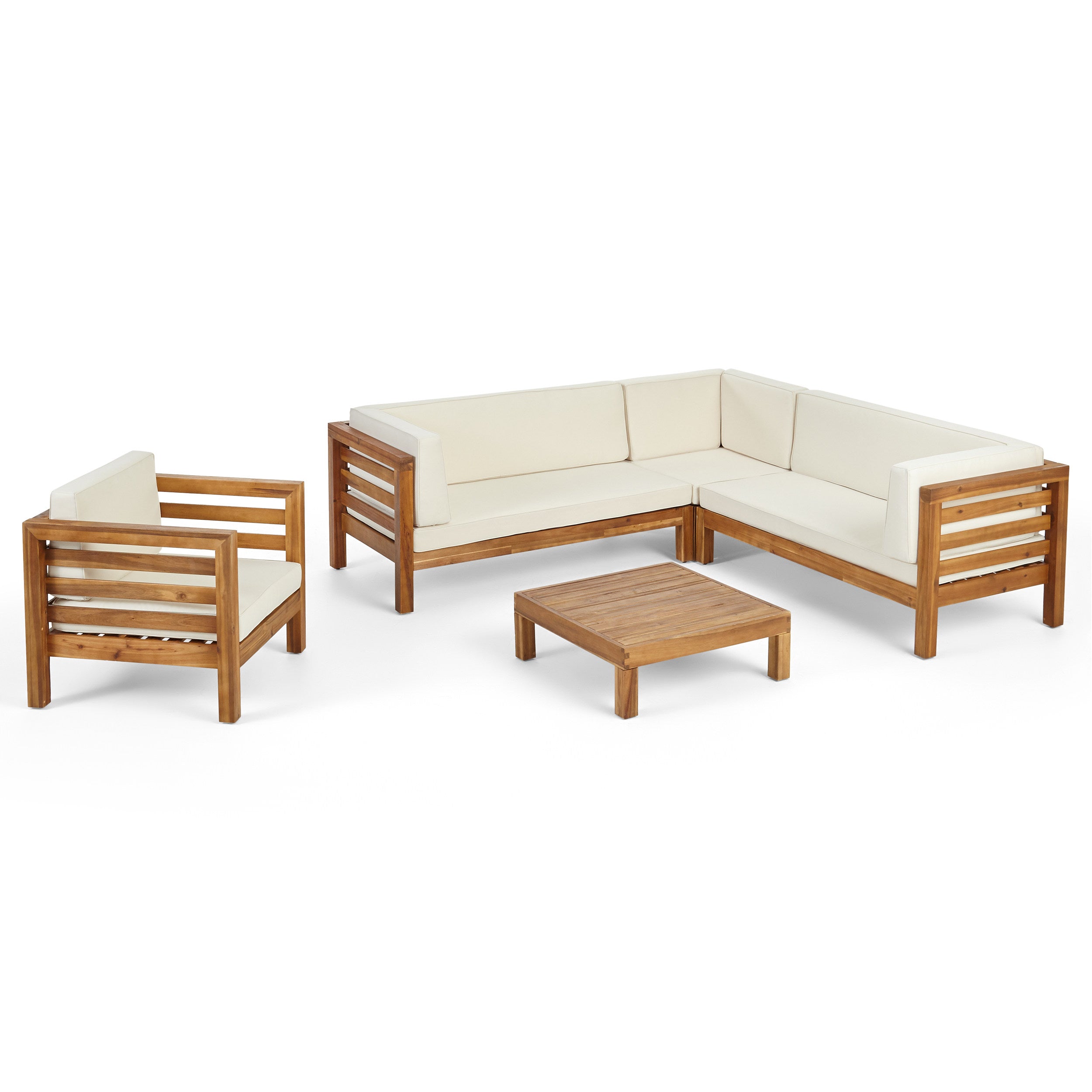 Emma Outdoor 6 Seater Acacia Wood Sectional Sofa and Club Chair Set