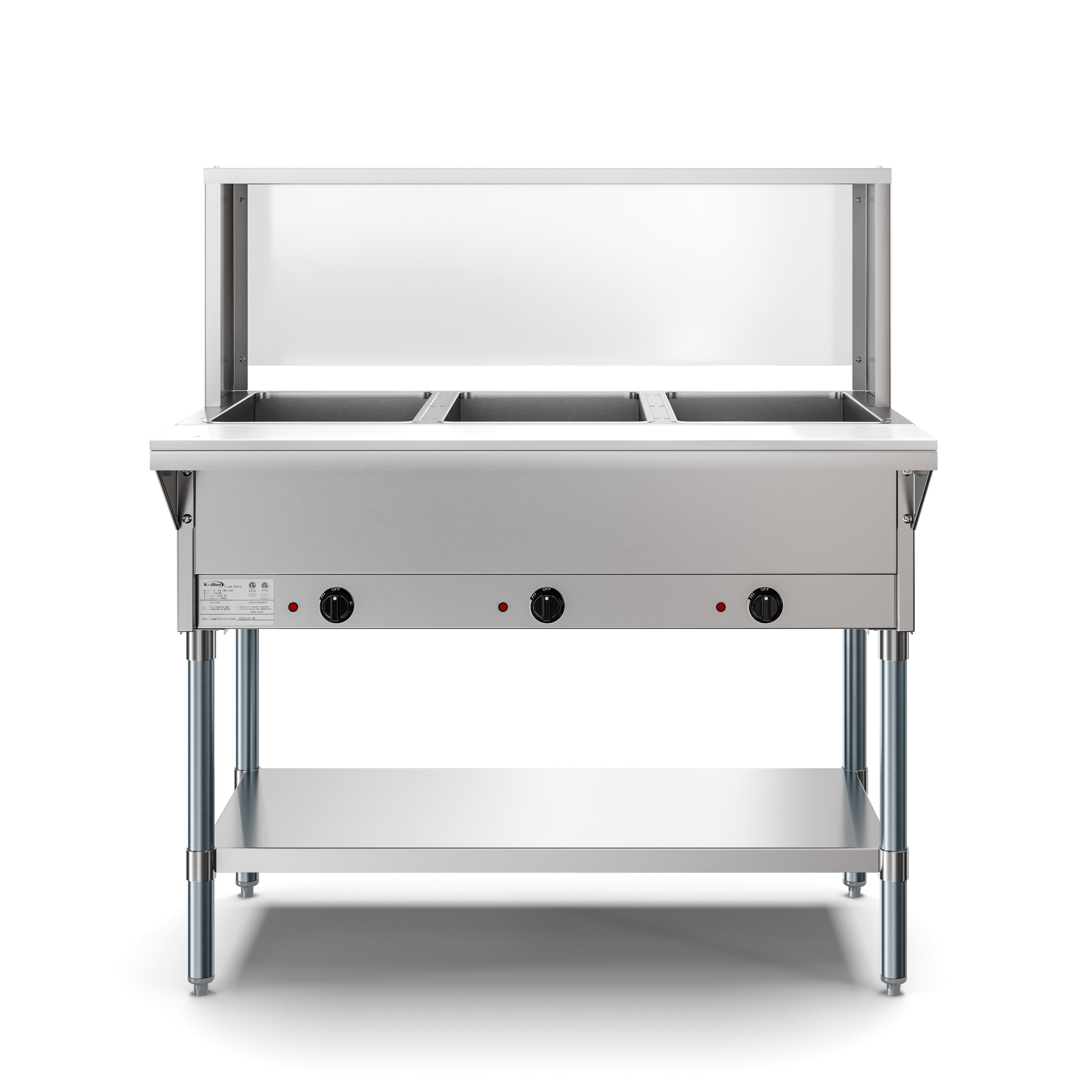 3-Pan Open Well Commercial Electric Stainless Steel Steam Table with Sneeze Guard， Warming Control Knobs， Front Serving Area