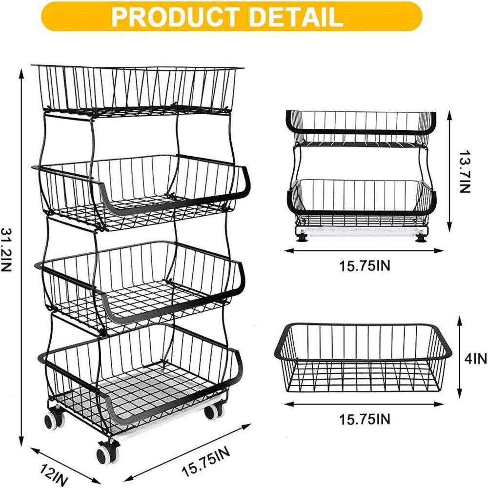 cadeninc Black 4-Tier StackableDetachable Metal Wire Storage Basket Cart with Rolling Wheels MIX-LQMS5-003