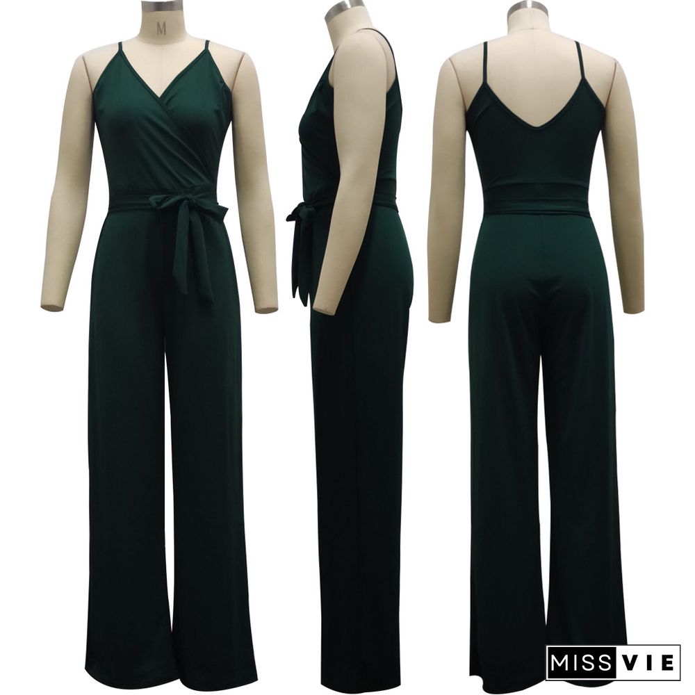 Women Elegant Summer Deep V Neck Sleeveless Solid Color Wide Leg Spaghetti Strap Bandage Jumpsuit