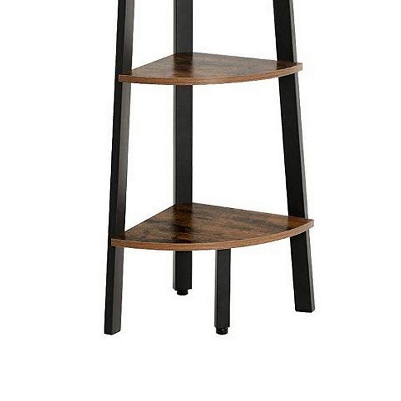 63 Inch Industrial Five Tier Wood Corner Shelf， Iron Frame， Rustic Brown， Black