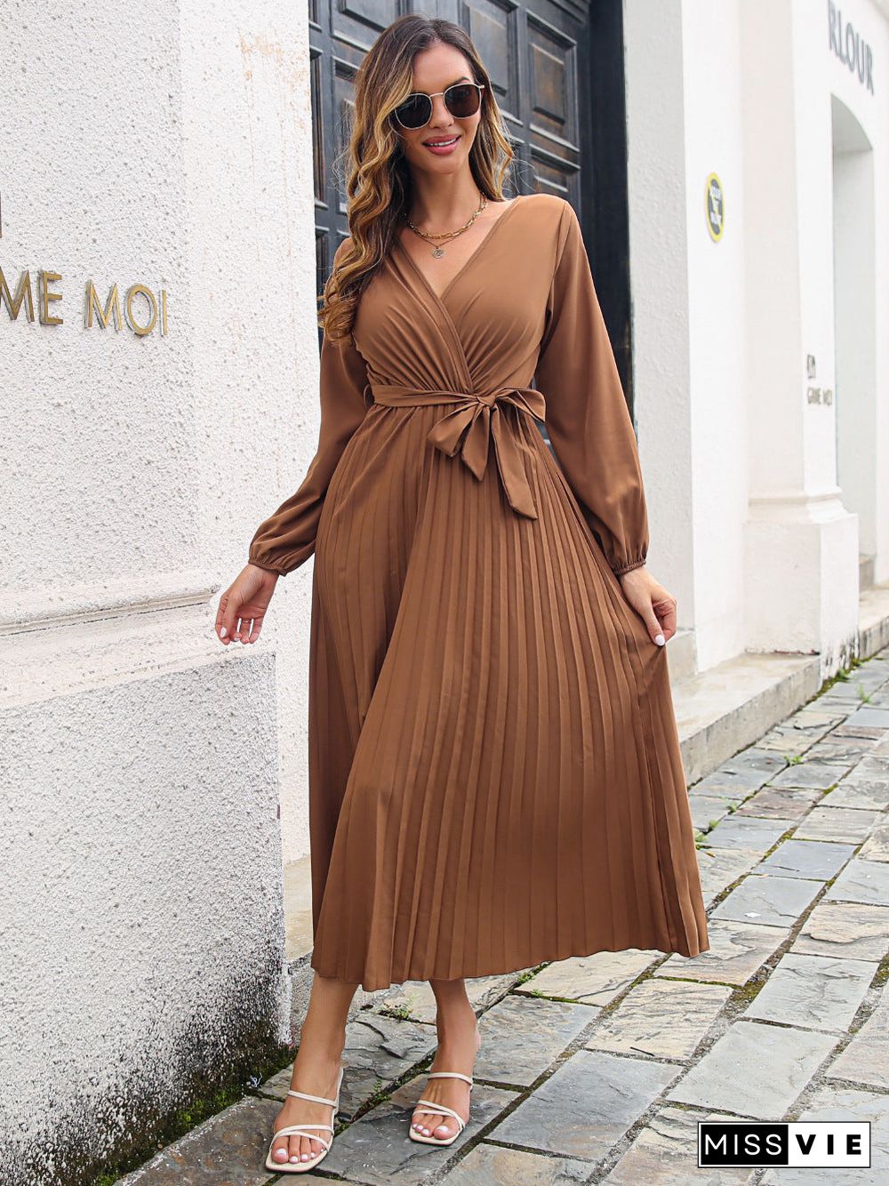 Side Split V Neck Long Sleeve Maxi Dress