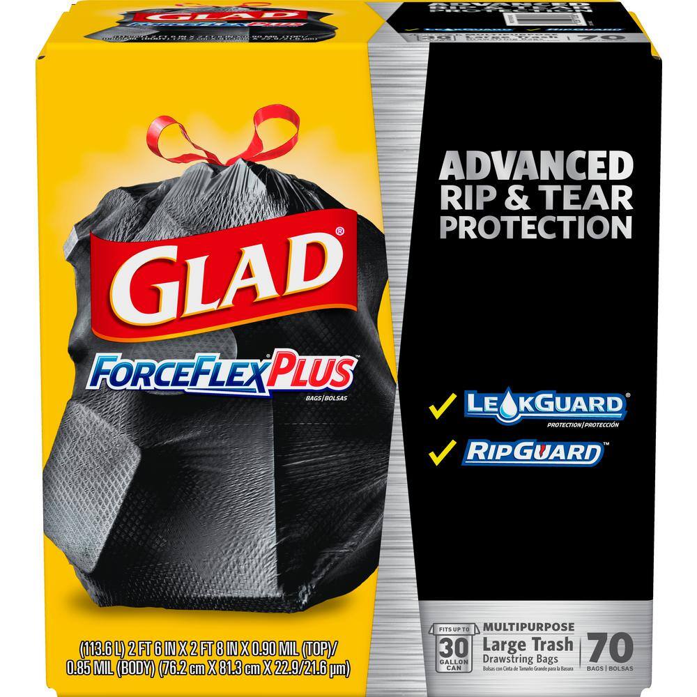 Glad 30 Gal. Drawstring ForceFlexPlus Large Black Outdoor Trash Bags (70-Count) 1258770358