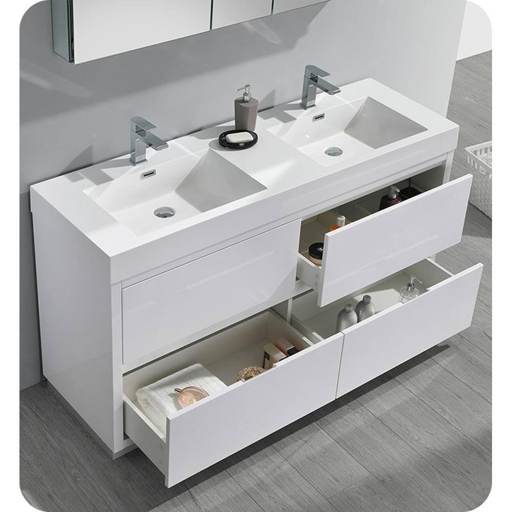 Fresca Valencia 60 in. W Bathroom Vanity in Glossy White with Double Acrylic Vanity Top in White FCB8460WH-D-I