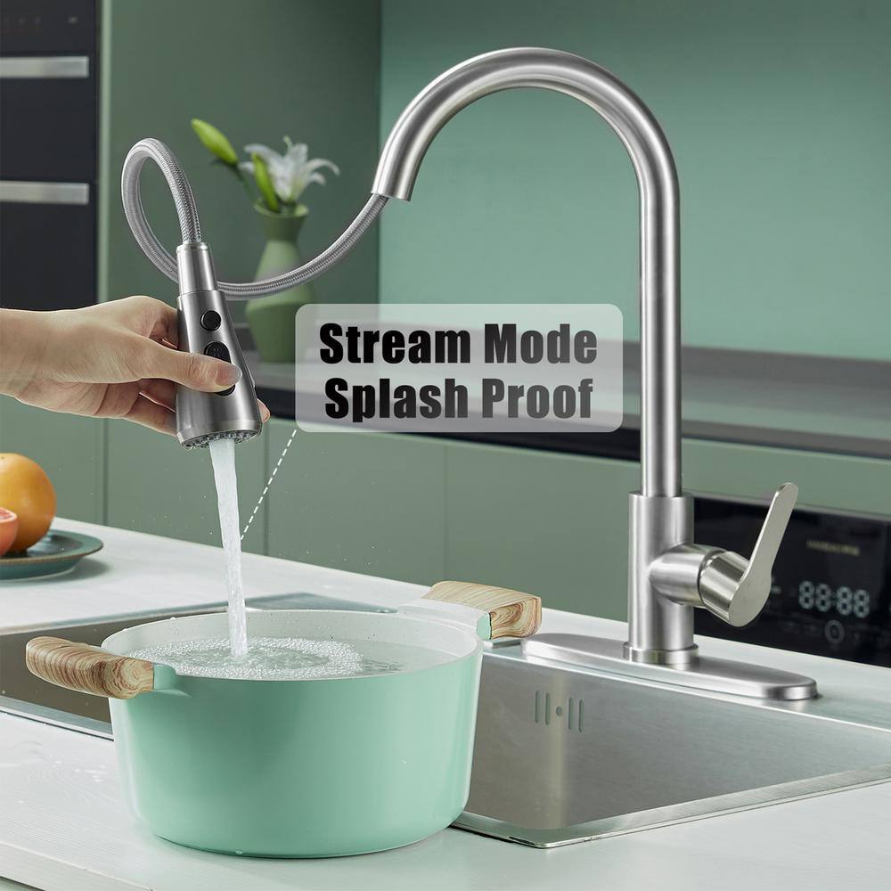 Zalerock Pause Mode Single Handle Pull Down Sprayer Kitchen Faucet with Deck Plate Included in Brushed Nickel HLTST042