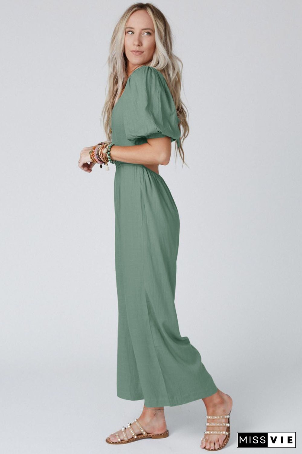 Green V Neck Puff Sleeve Hollow out Wide Leg Jumpsuit