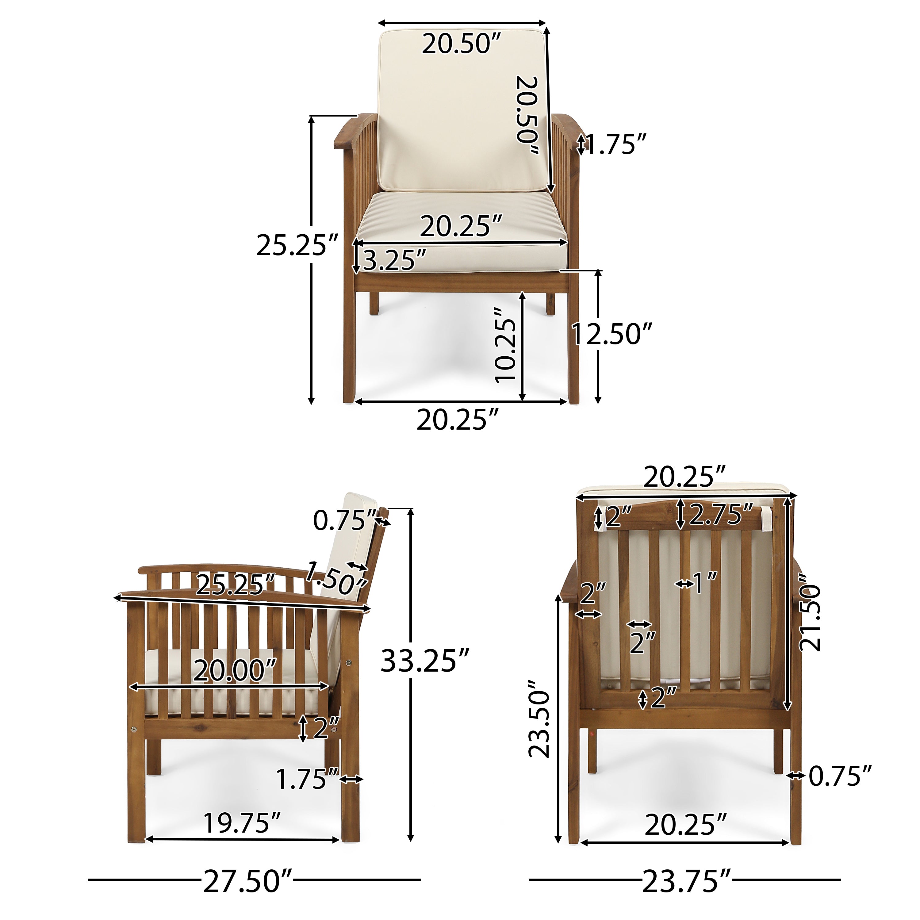 Ray Acacia Outdoor Acacia Wood Club Chairs w/ Cushions