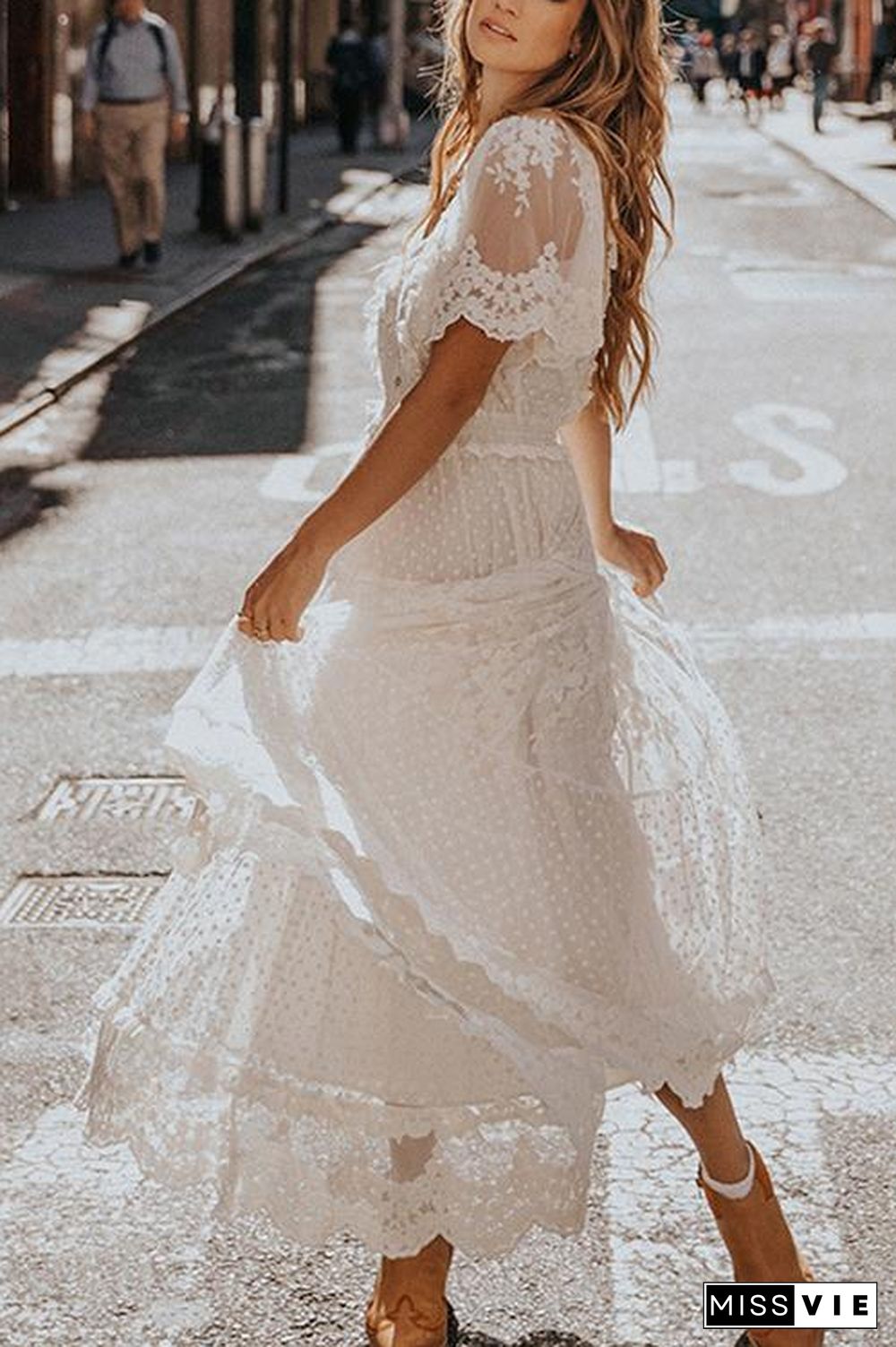 Button Lace V Neck Short Sleeve Maxi Dress