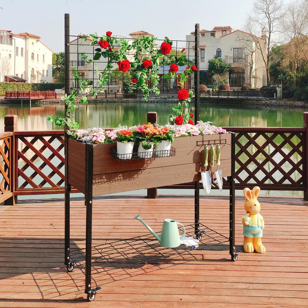 EverBloom 19 in. D x 69 in. H x 45 in. W Mobile Garden in Brown with Trellis and Under Shelf plus Basket and Hook Kit K2213