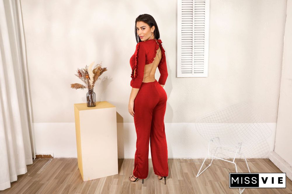 Sexy Flounces Backless Solid Color Round Neck Mid-waist Jumpsuit