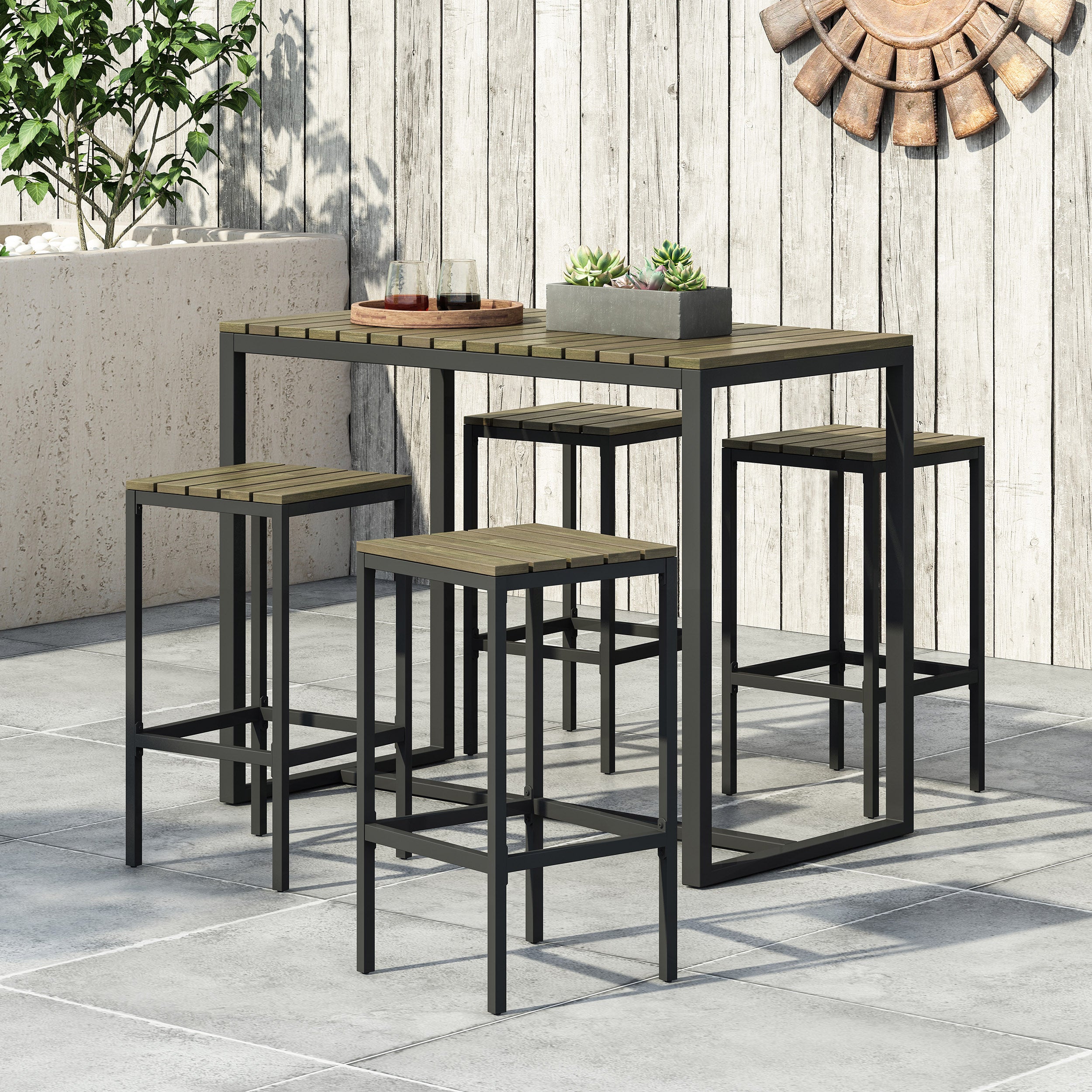 Arath Outdoor Modern Industrial 4 Seater Acacia Wood Bar Set