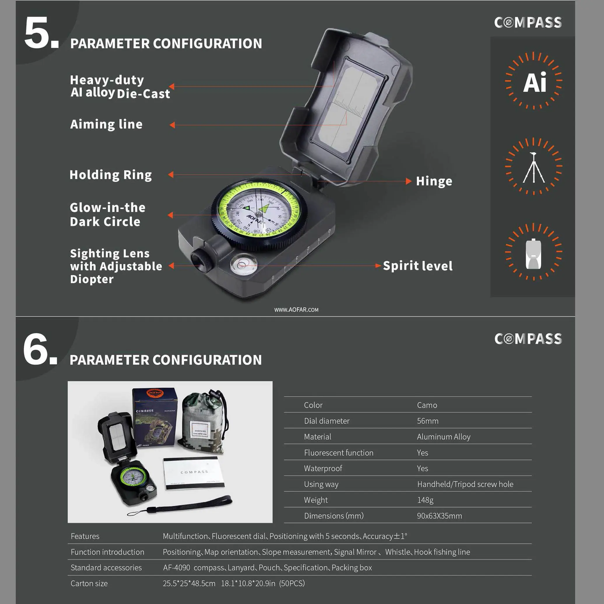 Multifunctional Camping Hiking Gear Survival Navigation Compasses with Waterproof Lensatic Sighting