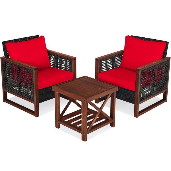 3PCS Patio Wood Wicker Conversation Furniture Sofa Set with Cushion - Overstock - 37500666