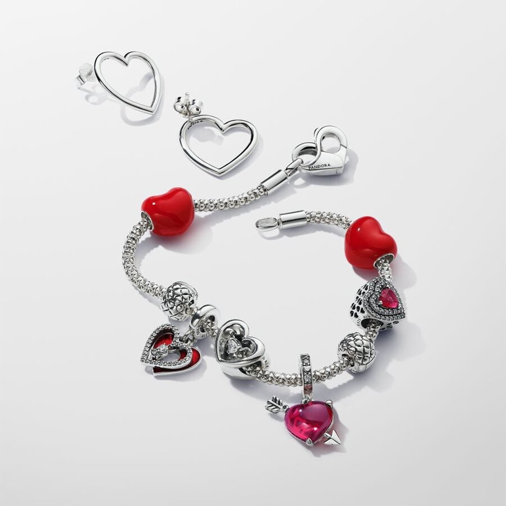 PANDORA  Red Heart & Arrow Murano Glass Dangle Charm in Sterling Silver