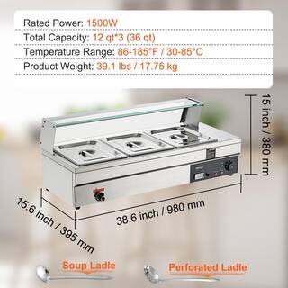 VEVOR 3-Pan Commercial Food Warmer 3 x 12 qt. Electric Steam Table 1500-Watts Countertop Stainless Steel Buffet Bain Marie BL312QT1500W3CLFRV1