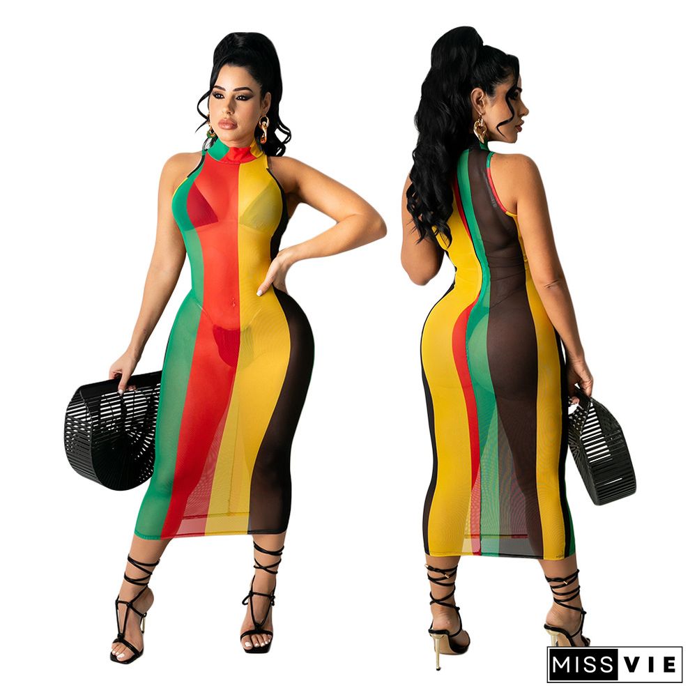 Sexy Mesh Print Color Striped Sleeveless Bodycon Midi Dress