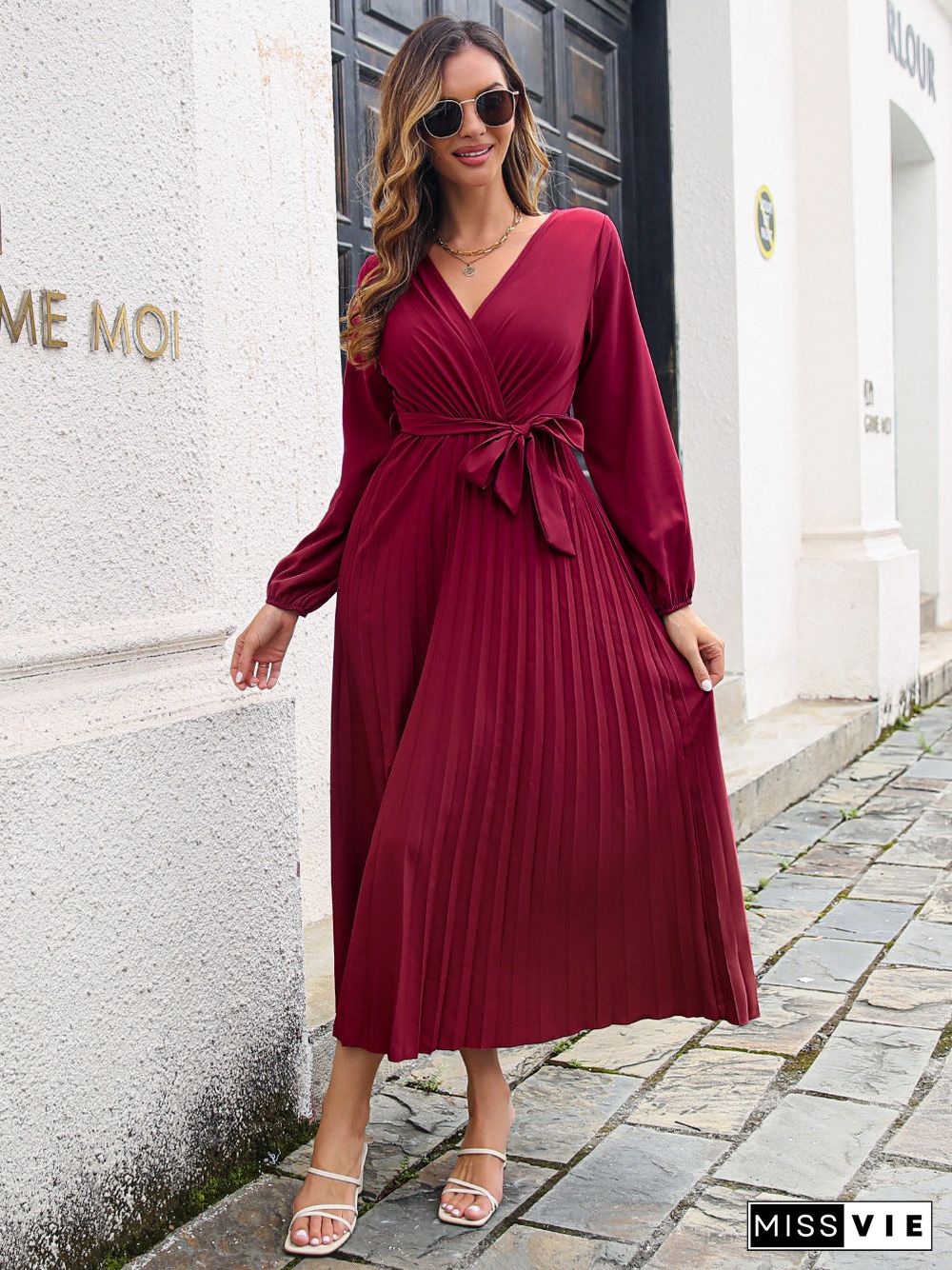 Side Split V Neck Long Sleeve Maxi Dress