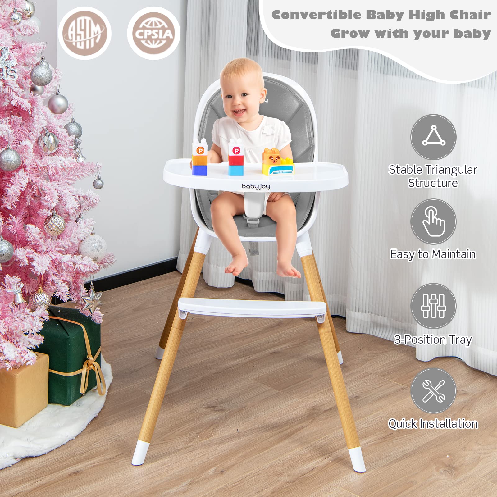 Convertible Baby High Chair, 3 in 1 Highchair, Iron Legs(Wood Grain)