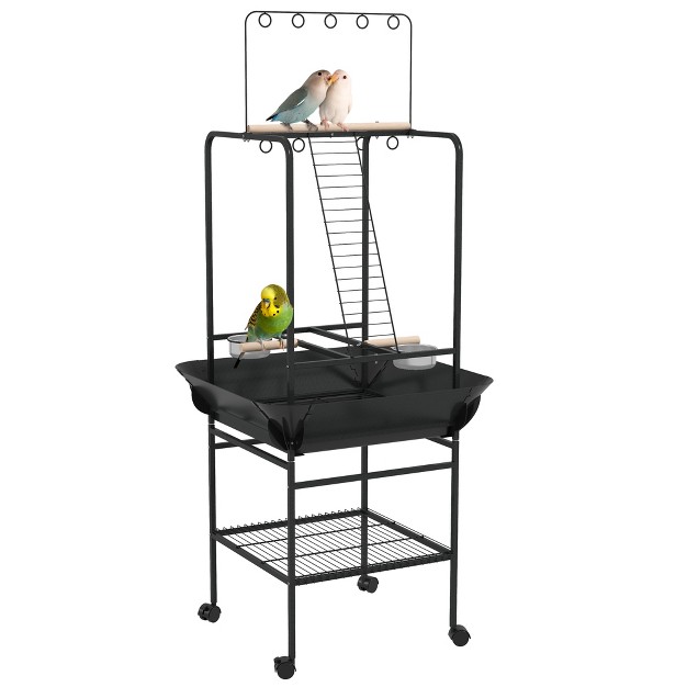 Pawhut Bird Stand With Wheels Perches Stainless Steel Feed Bowls Pull out Tray Toy Hanger For Indoor Outdoor Small Parrot Dark Gray