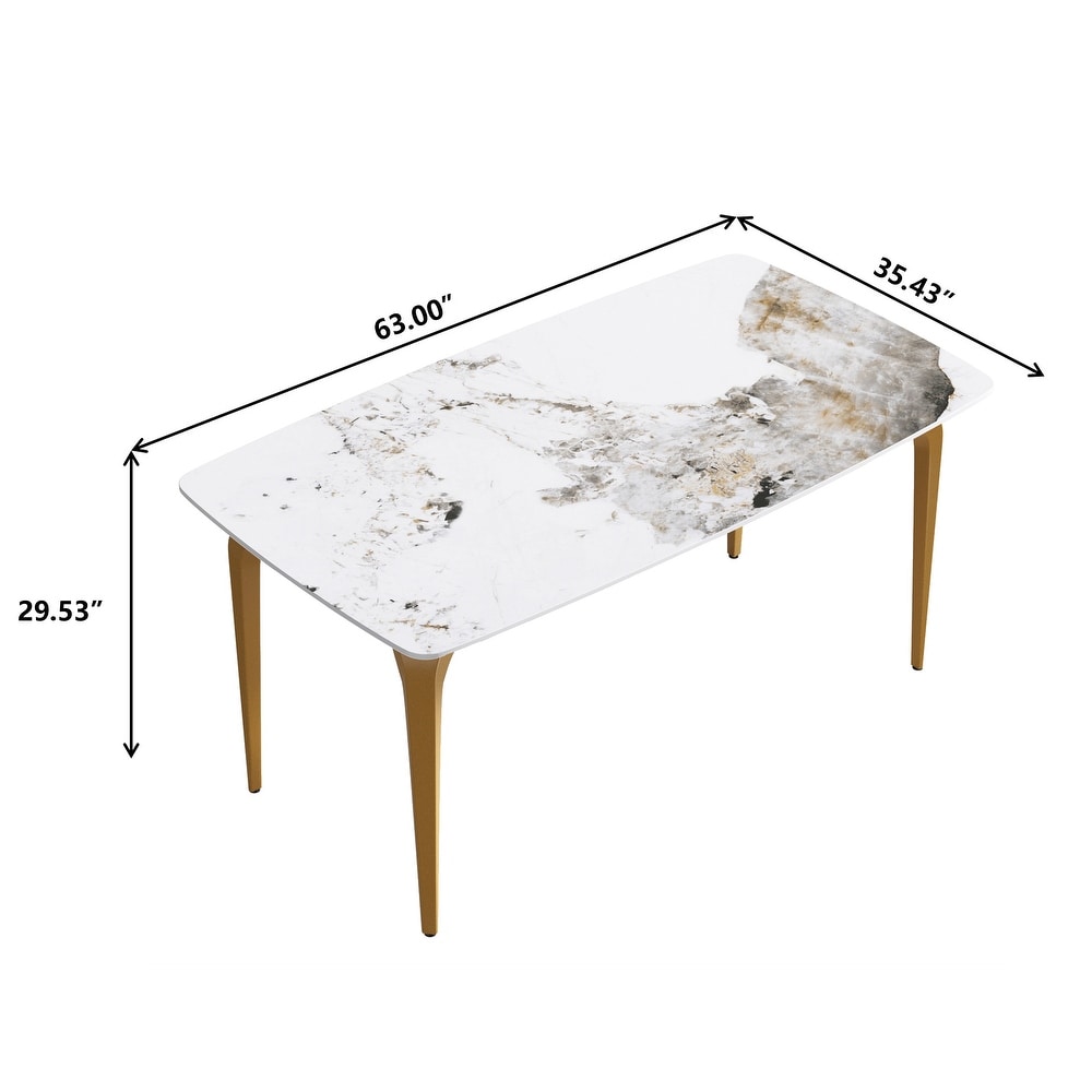 63 Inch White Artificial Stone and Metal Leg Dining Table for 6 People