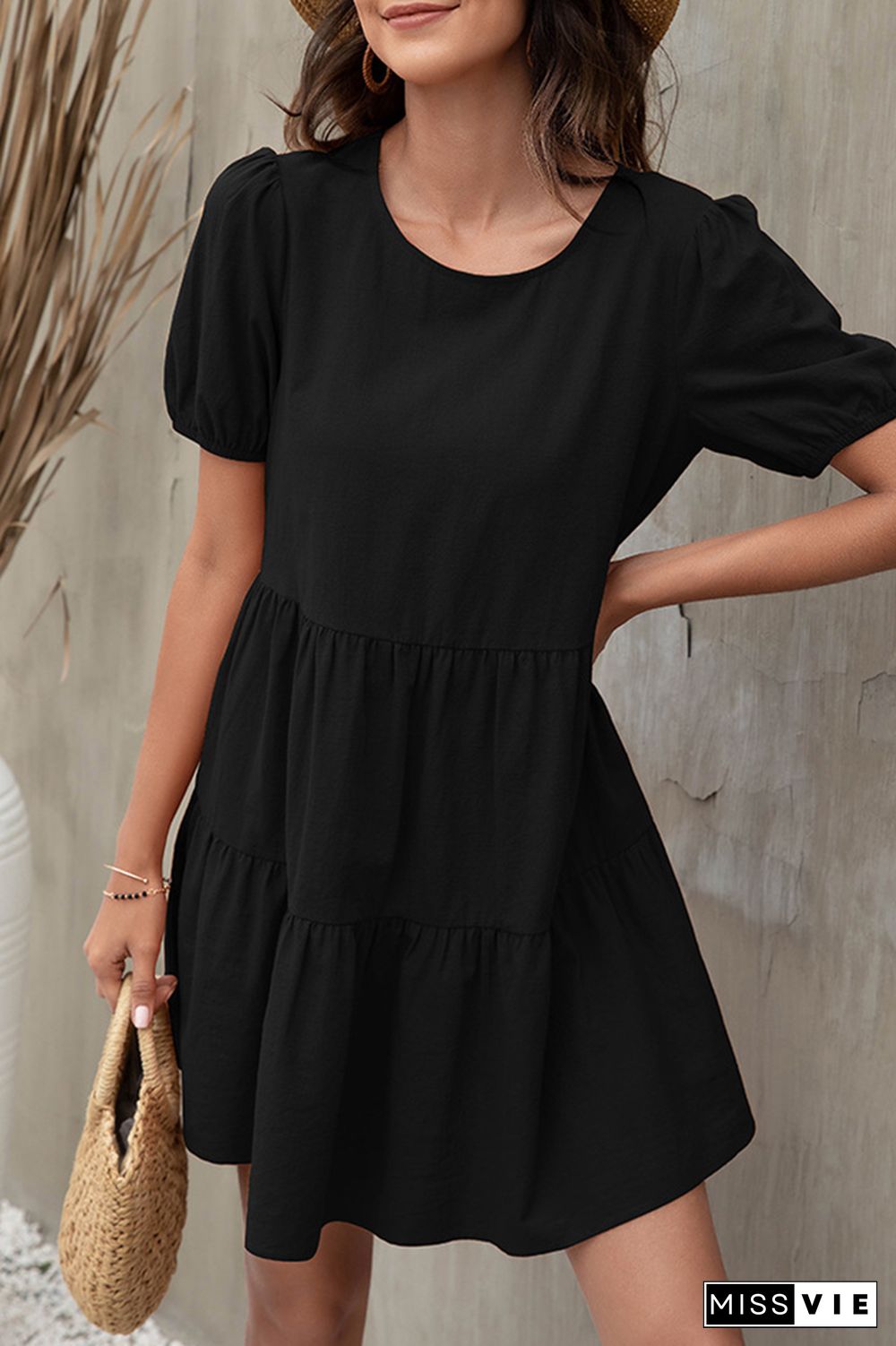 Solid Color Puff Sleeve O-neck A-line Dress Wholesale