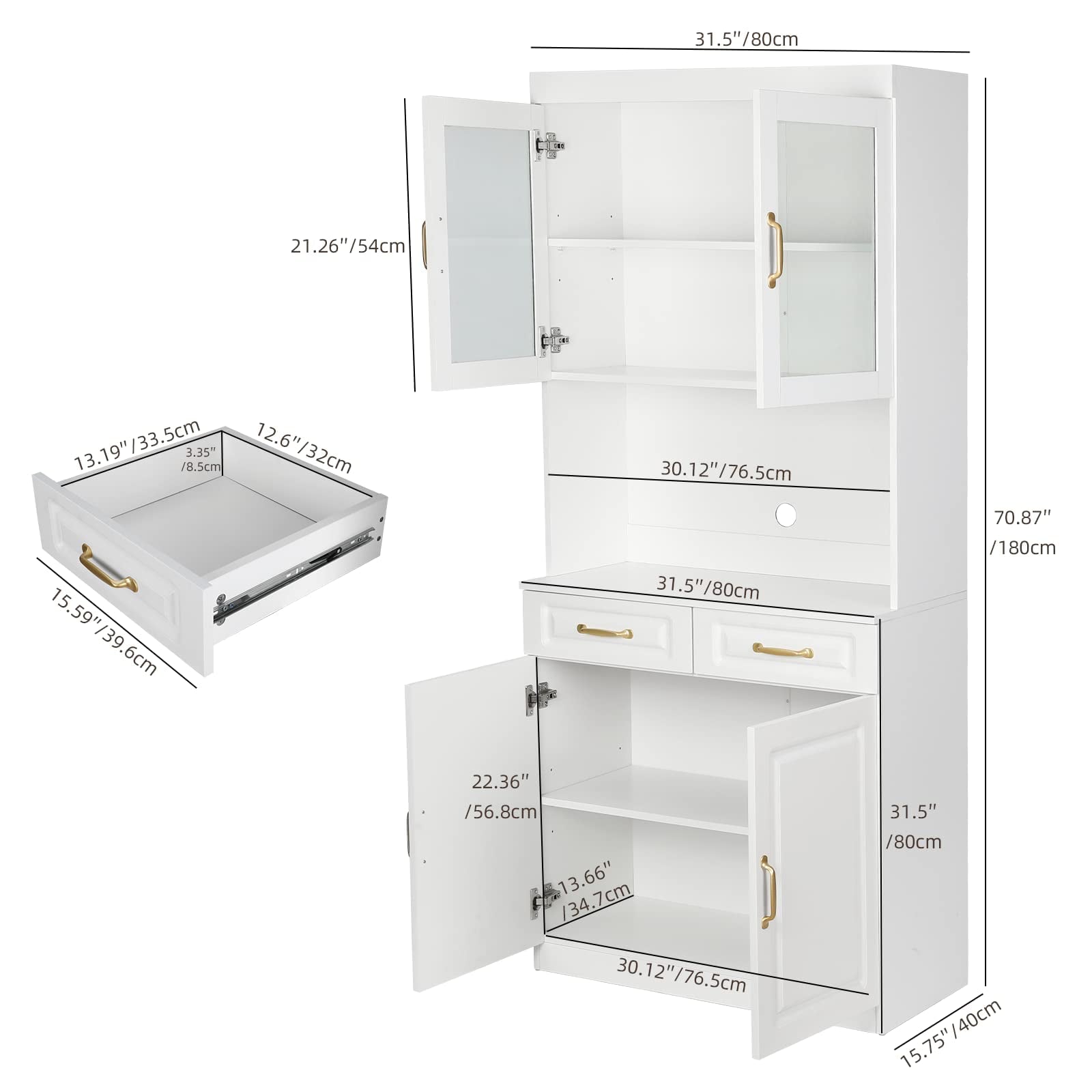 SMOOL Kitchen Storage Cabinet Freestanding Pantry with 4 Doors and 2 Drawers， White