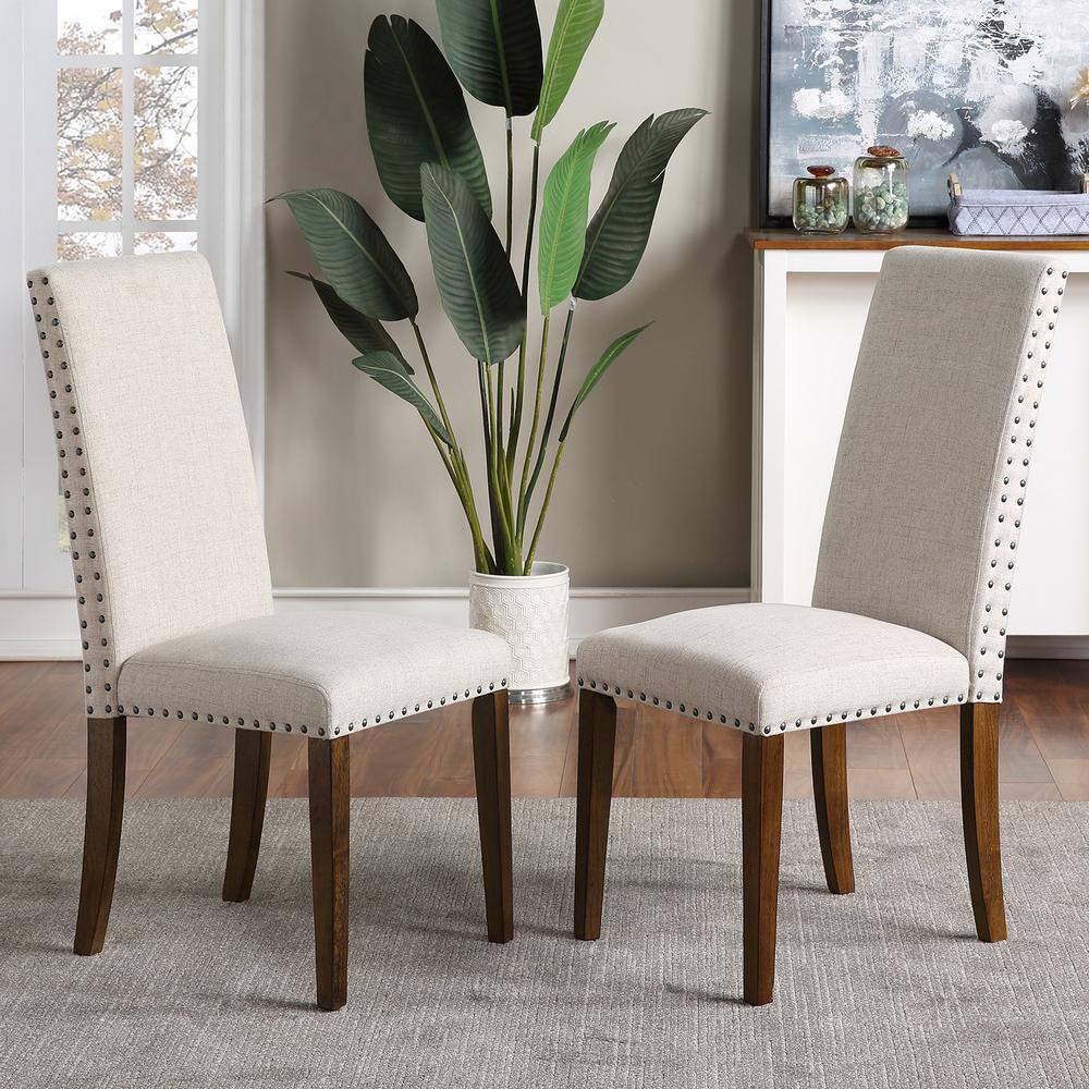 Polibi 24.41 in. W Beige Upholstered Dining Chairs Fabric Dining Chairs with Copper Nails (Set of 2) RS-UDCFCN-BI