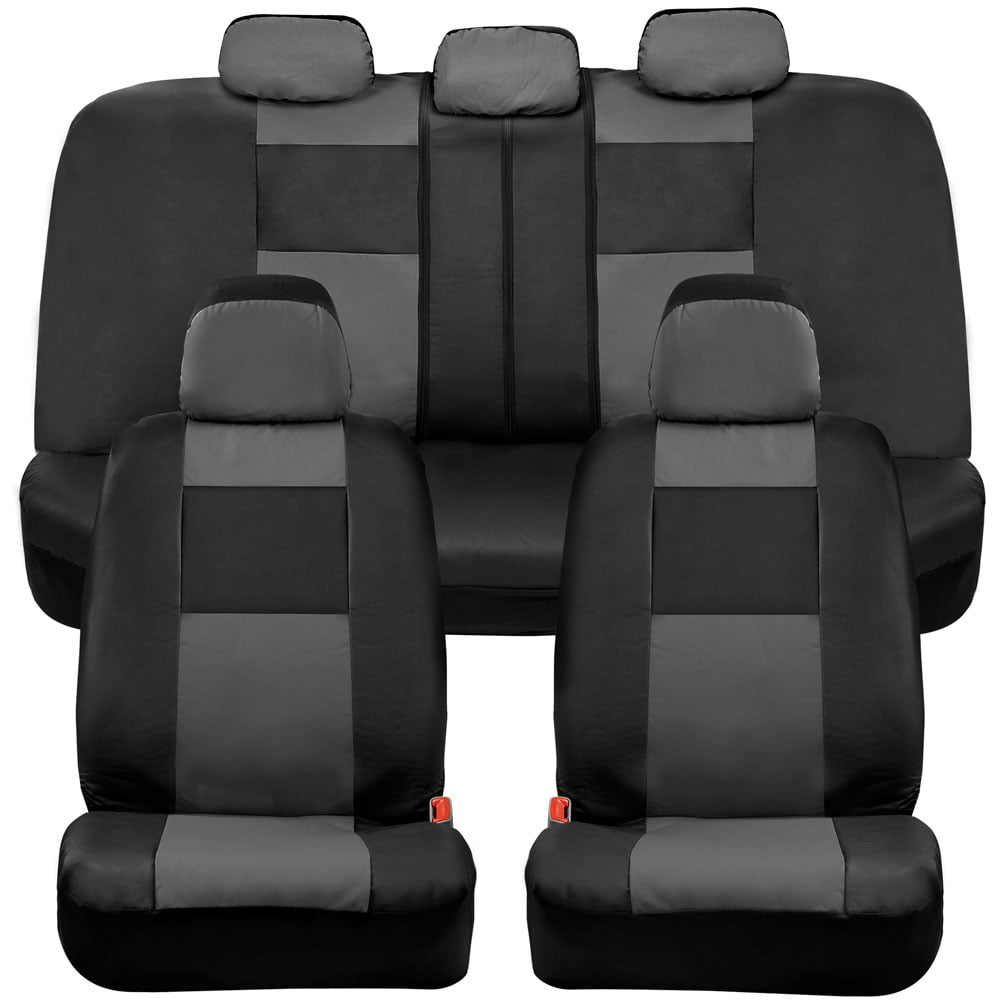 BDK Classic Gray Faux Leather Car Seat Covers Full Set， Front and Rear Bench Seat Cover for Cars Trucks SUV