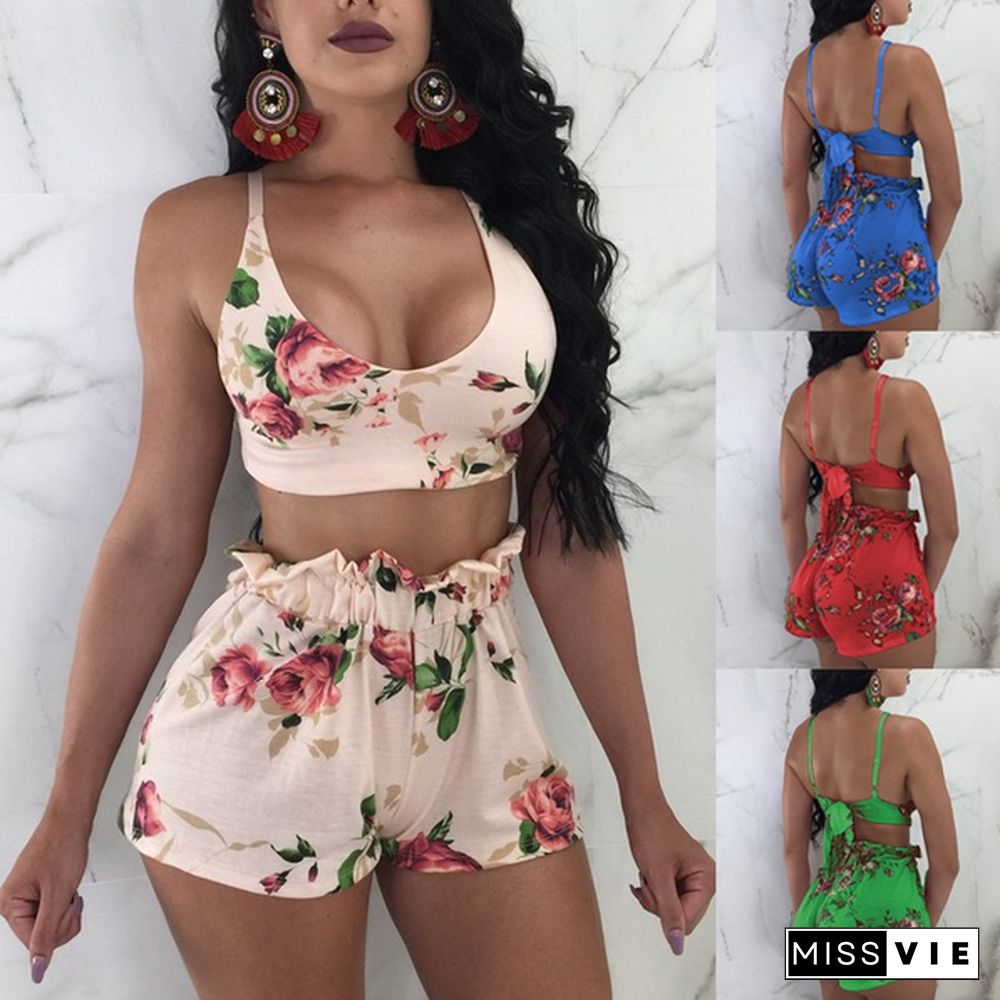 Europe Style Women Floral Print Sexy Crop Top And Shorts Summer Outfits