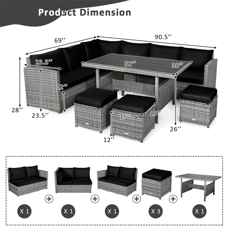 7 Pcs Rattan Patio Dining Furniture Sectional Sofa Set with Dining Table, Ottomans & Cushions