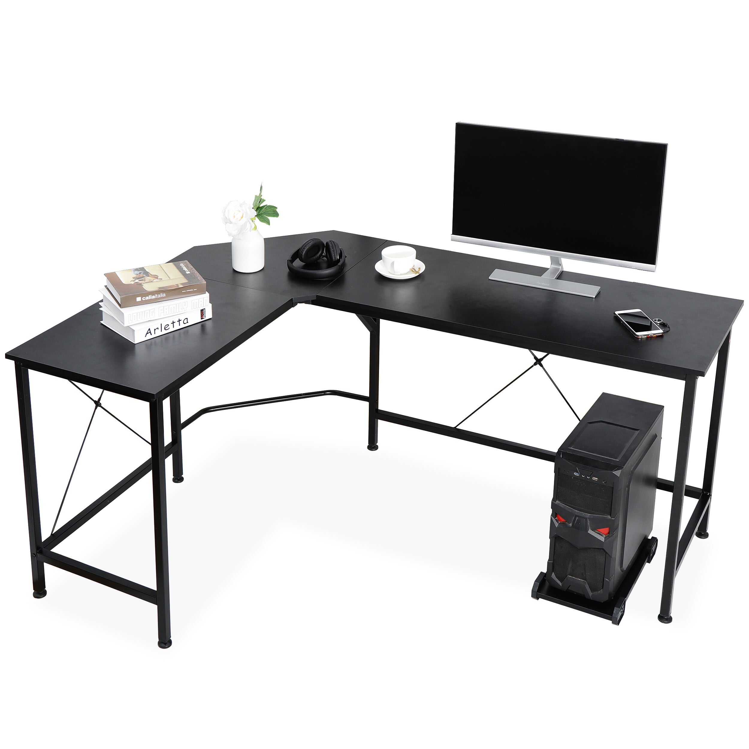 HomGarden L-Shaped 66” Reversible Computer Desk W/ CPU Stand, Home Gaming Desk Black