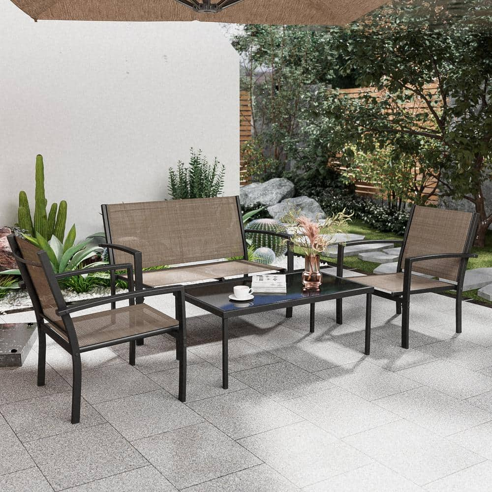 Tozey Brown 4-Piece Metal Outdoor Bistro Set Patio Conversation Set Glass Coffee Table T-LCT901D8