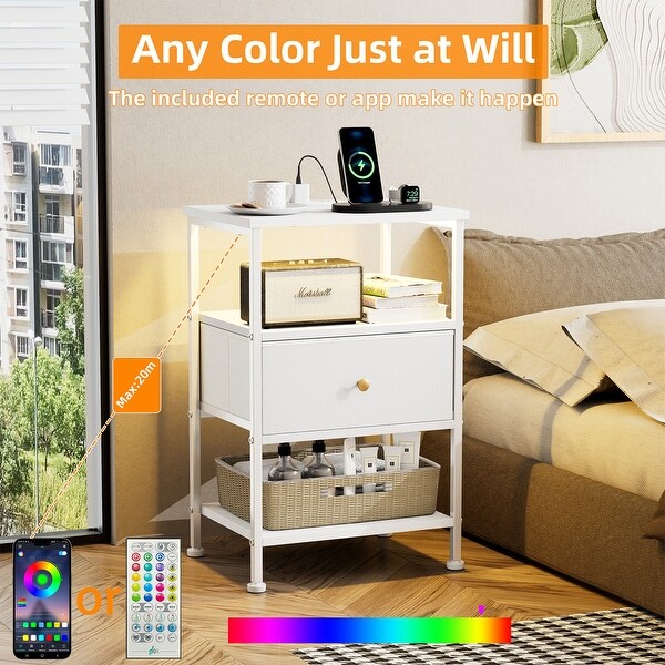 White Nightstand with Charging Station and LED Light for Bedroom Bedside with Adjustable Fabric Drawer 3Tier End Table