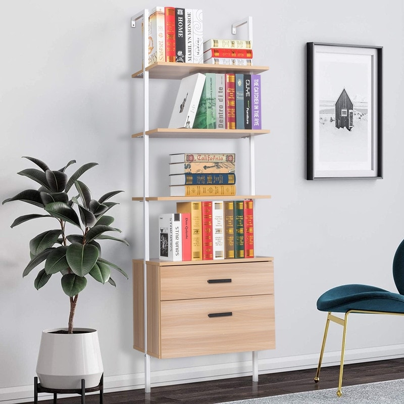 4 Tier Industrial Bookshelf with Wood Drawers and Matte Steel Frame