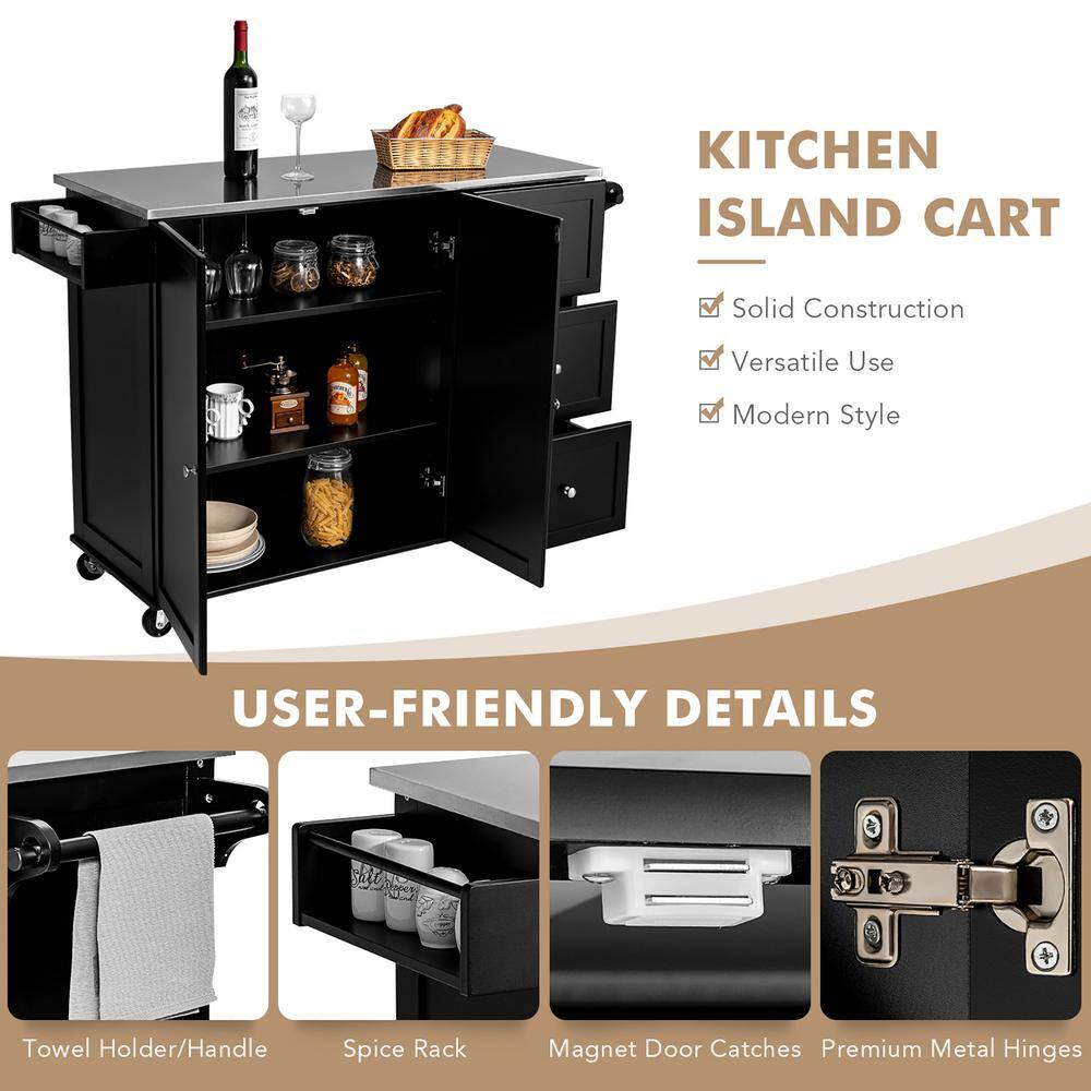 Costway Black Kitchen Island 2-Door Storage Cabinet Stainless Steel Top wDrawers HW64505BK