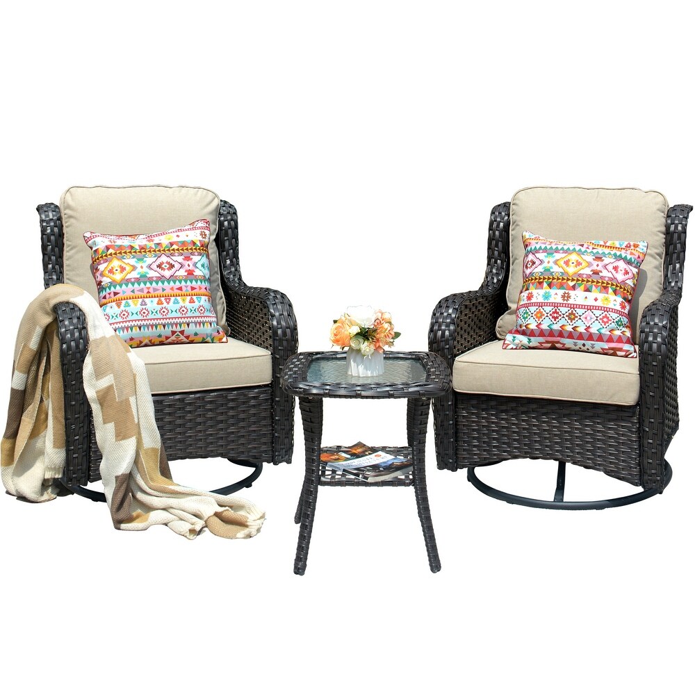 OVIOS 3 piece Rattan Wicker Rocking Swivel Chair Set