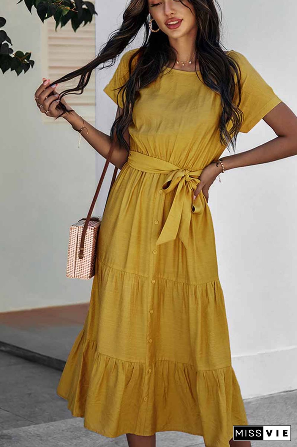 Pure Color Simple Restraint Waist Midi Dress