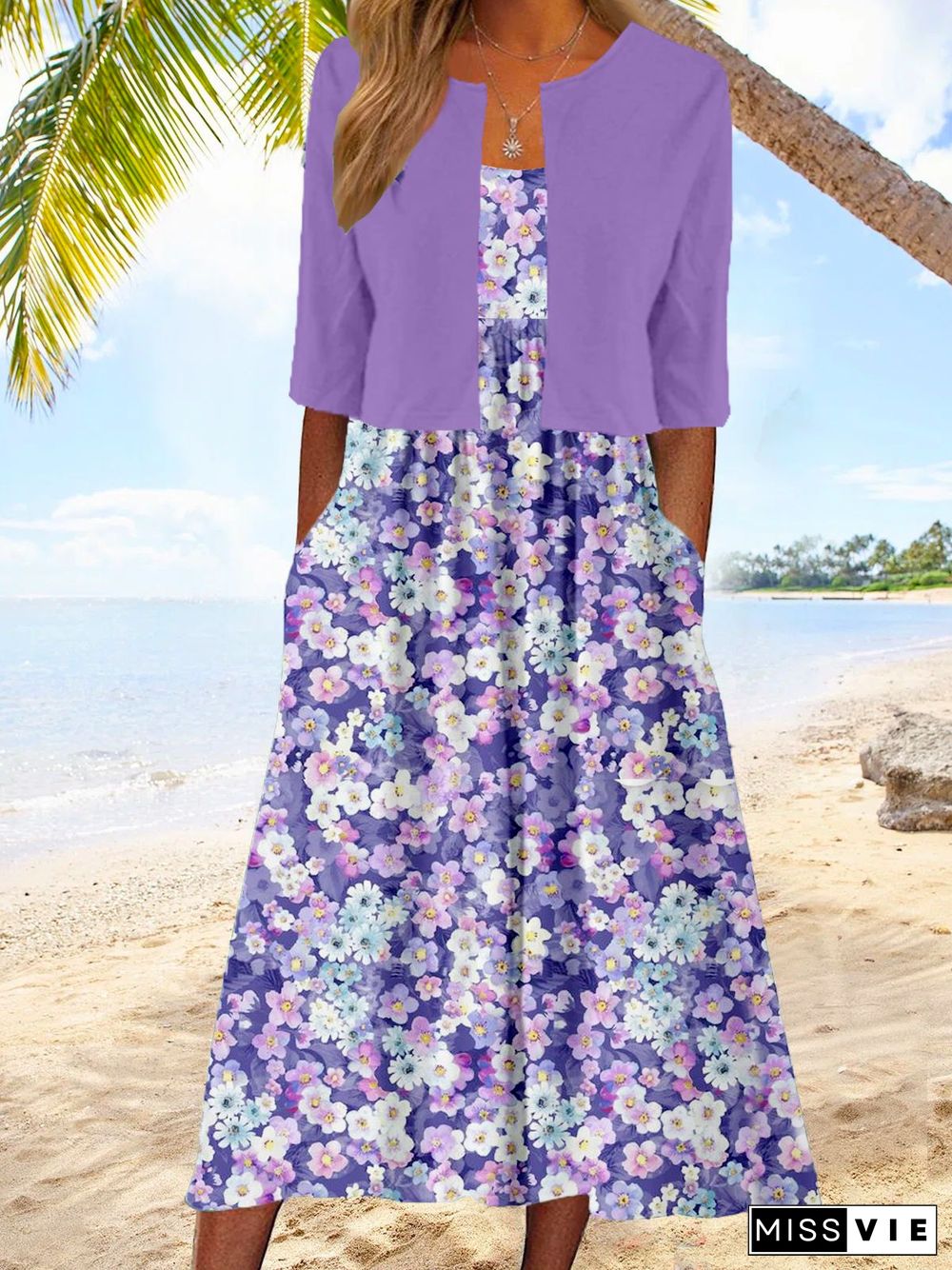 Purple Floral Print Midi Dress With Jacket