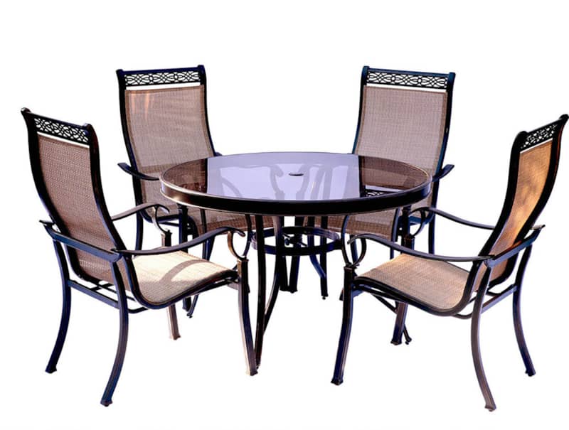 Hanover Monaco 5-Piece Outdoor Dining Set In Tan Sling/Glass With 4 Sling Dining Chairs， 48 Round Glass Top Table