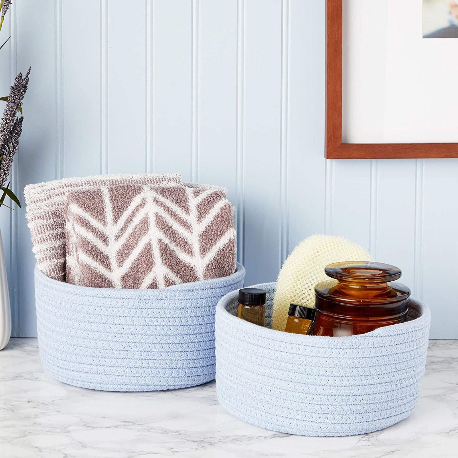 Set of 2 Cotton Rope Woven Baskets Storage Bins Organizer, Light Blue, 2 Sizes