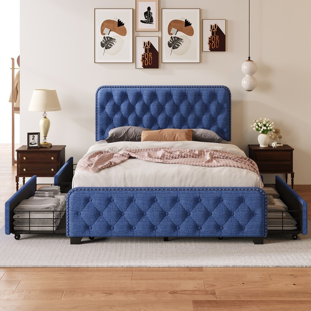 Metal Platform Bed Storage Bed with Button Tufted Headboard Footboard