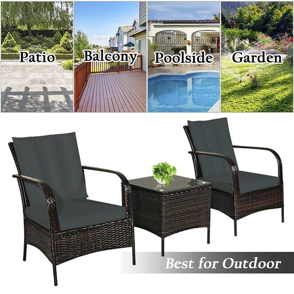 Costway 3 PCS Patio Wicker Rattan Furniture Set Coffee Table and 2